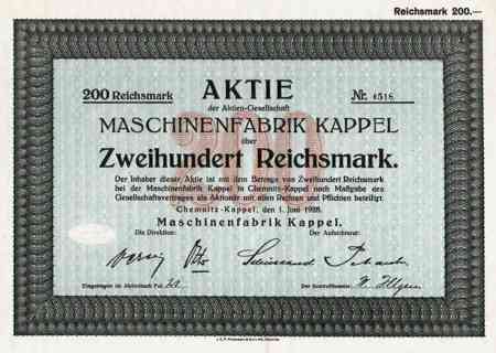 Aktie der Maschinenfabrik Kappel von 1929