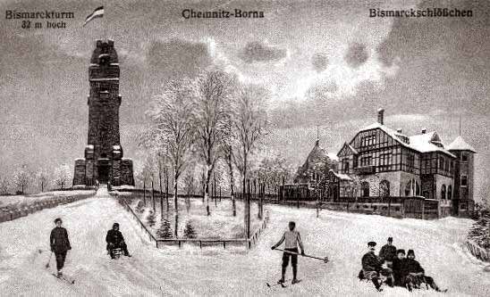 Postkartenansicht des Bismarckturmes und des Bismarckschlsschens