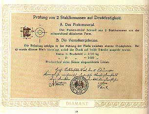 Prüfversuch auf Druckfestigkeit der Konusse von 1912 und das dazu gehörende Prüfdiplom